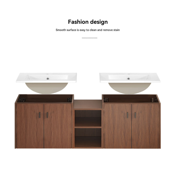 Soft Close Doors Bathroom Vanity With Small Storage Shelves, 24" And 12" Combination Cabinet - Reddish Brown