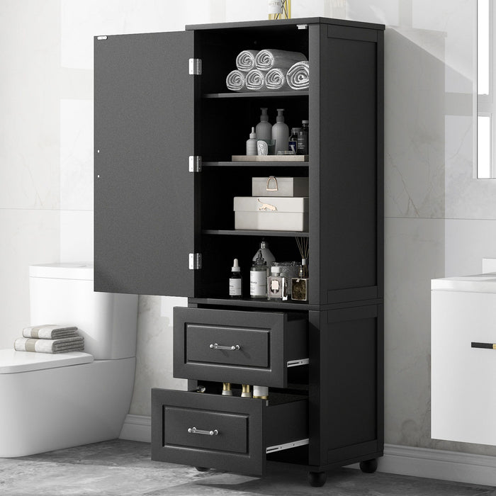 Tall Freestanding Bathroom Storage Cabinet With 2 Drawers And Adjustable Shelf