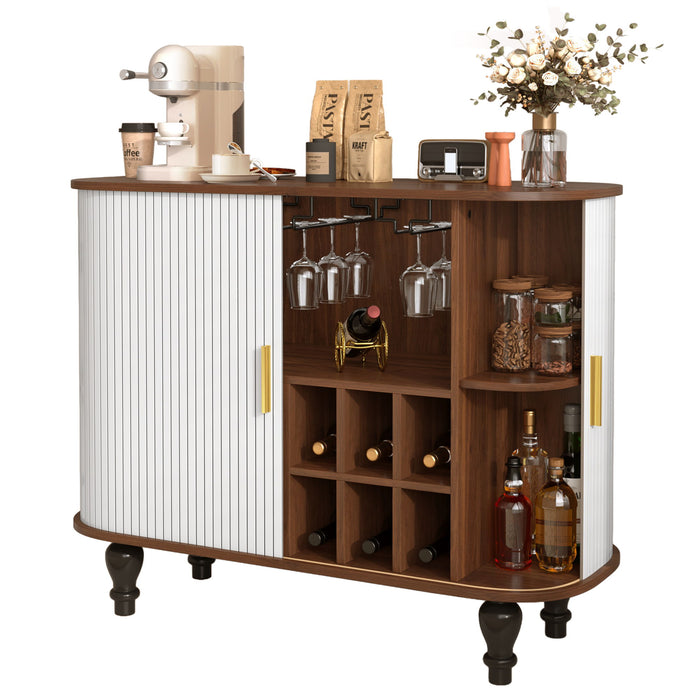Fluted Liquor & Coffee Bar Cabinet With 6 Wine Racks And 3 Glass Holders