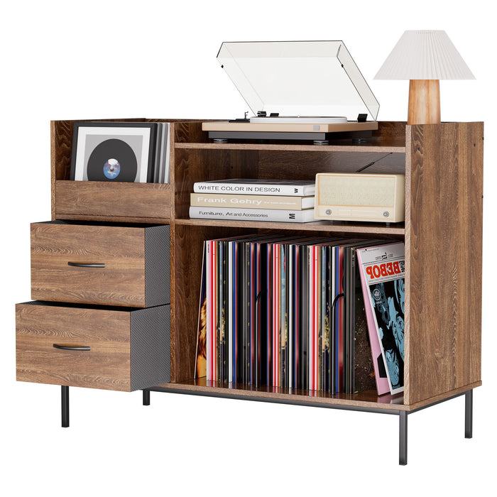 Eco-Friendly Vinyl Record Player Stand With Flip-Top Storage, Media Console With Dual Outlets And Dustproof Drawers