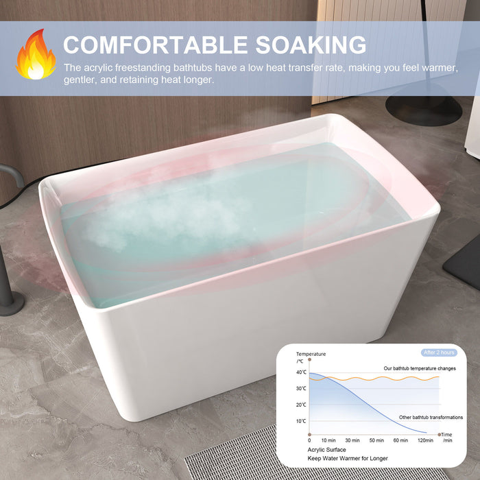 Freestanding Bathtub With Built In Seat, Rectangle Shape, Invisible Overflow & Pop Up Drain - Gloss White