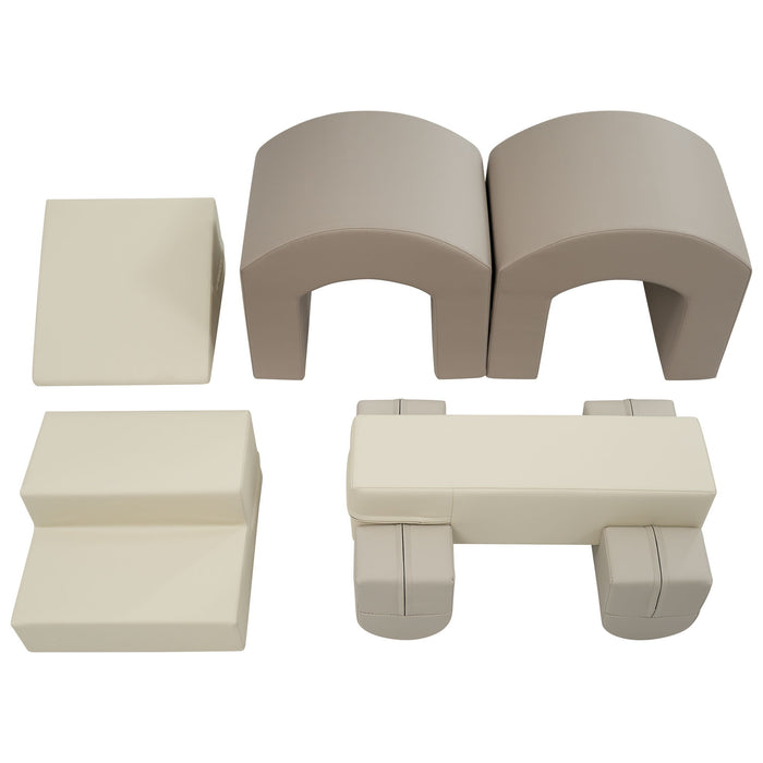 Indoor Soft Foam Climber Play Sets 7 In 1, Soft Play Equipment Climb And Crawl Playground For Toddlers, Kids Crawling And Climbing Active Play Structure - Coffee