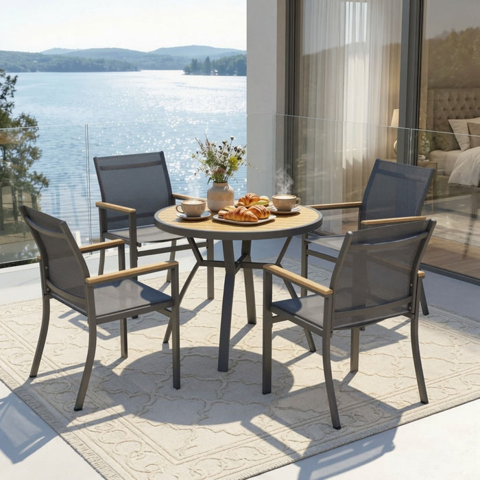 Gray Aluminum Patio Dining Set With Textilene Chairs, 5 Piece All Weather Round Table And 4 Seater For Garden, Deck, Or Porch