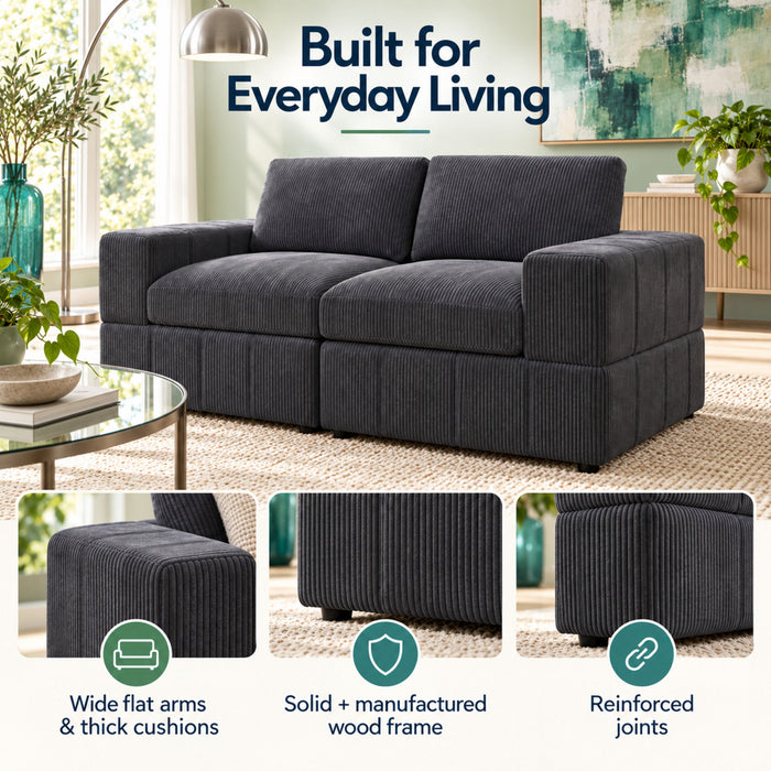 Oversized Modular Loveseat, 2 Piece Living Room Sofa Set - Dark Gray