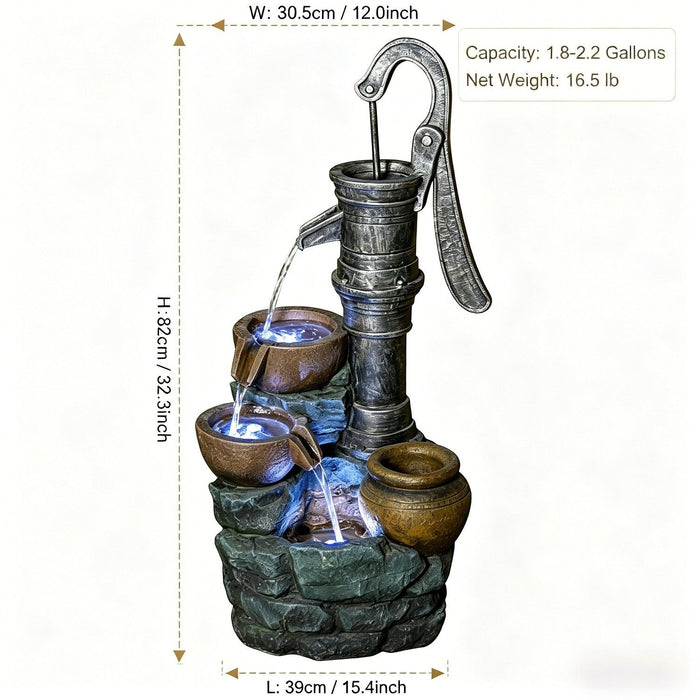 Hand Pump Water Fountain With LED Lights - Gray