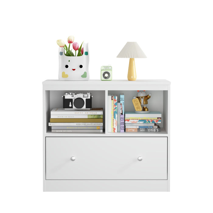 Toy Storage Organizer With Large Drawer And Low Bookshelf For Nursery & Playroom - White