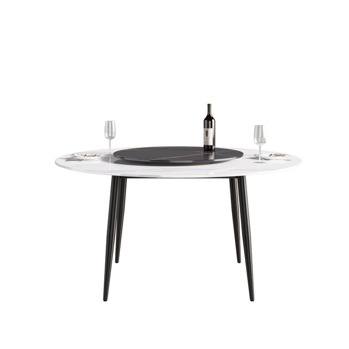 59.05" Modern Artificial Stone Round Metal Dining Table, Can Accommodate 6 People, Artificial Stone Turntable - Black / White
