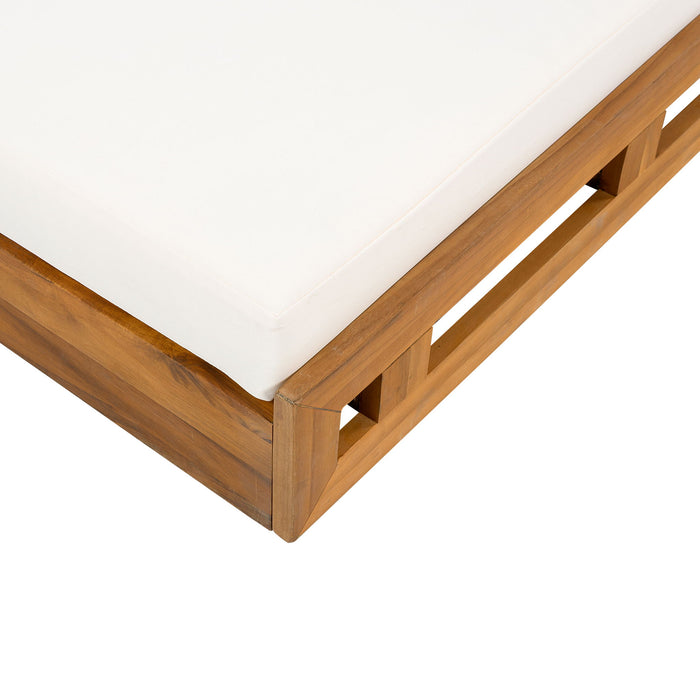 Premium Acacia Wood Lounge Chaise Set With Water Resistant Cushions, Adjustable Recline - Cream / Teak