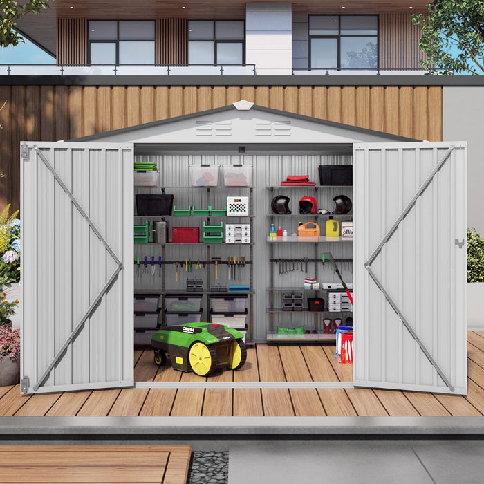 Outdoor Garden Storage Shed, Tool Shed With Pitched Roof Waterproof With 1 Window And 2 Lockable Door - White / Gray