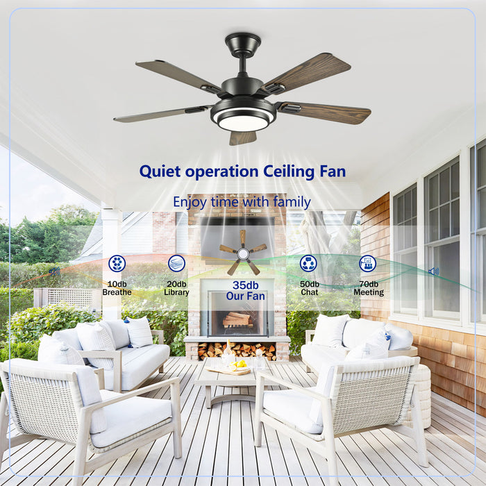 5 Blades Ceiling Fan With LED Light 3000 - 6500K Dimmable, 6 Speed Levels, Reversible Ceiling Fan - Matte Black