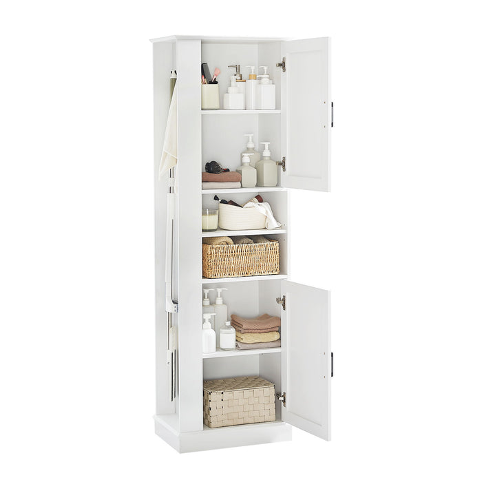 Tall Freestanding Bathroom Storage Cabinet With Adjustable Shelves And Side Hooks Board, Rectangle Design