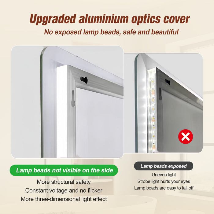 Wall Mounted LED Lighting Mirror With 3 Color Lighting, Dimming, Waterproof, Anti Fog, Touch Switch - Silver