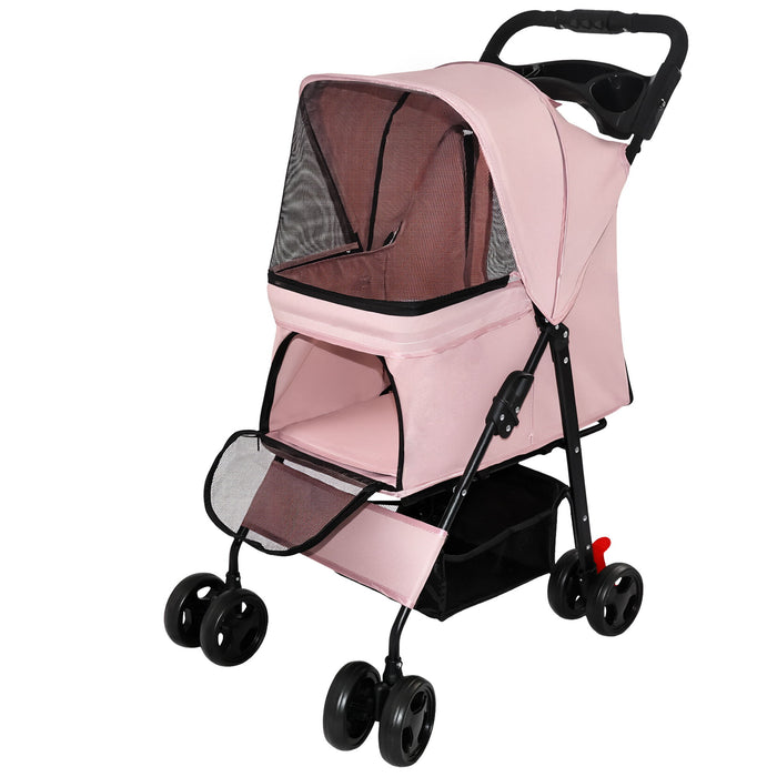 Foldable Pet Stroller For Small Dogs And Cats With Multi Functional Tray