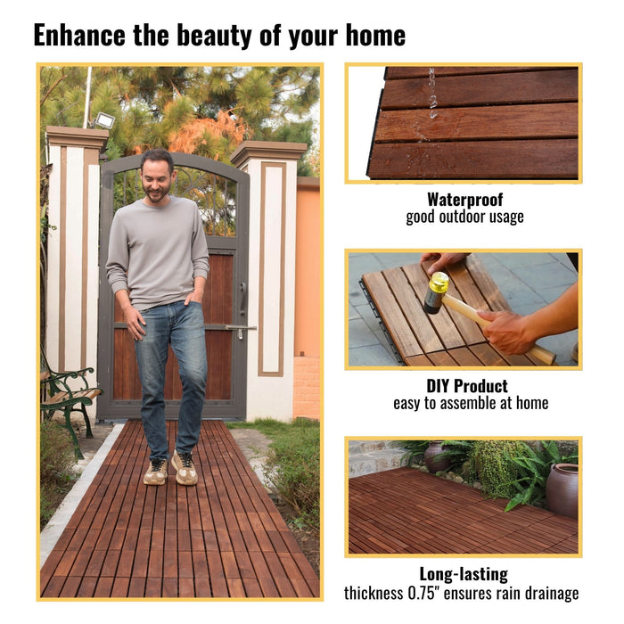 Interlocking Deck Tiles Striped Pattern, Waterproof Anti Mildew Brown