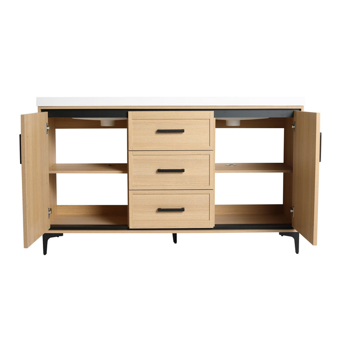 Original 60" Freestanding Bathroom Vanity With Double Resin Sink Plywood Soft Closing Doors & Drawers - Oak