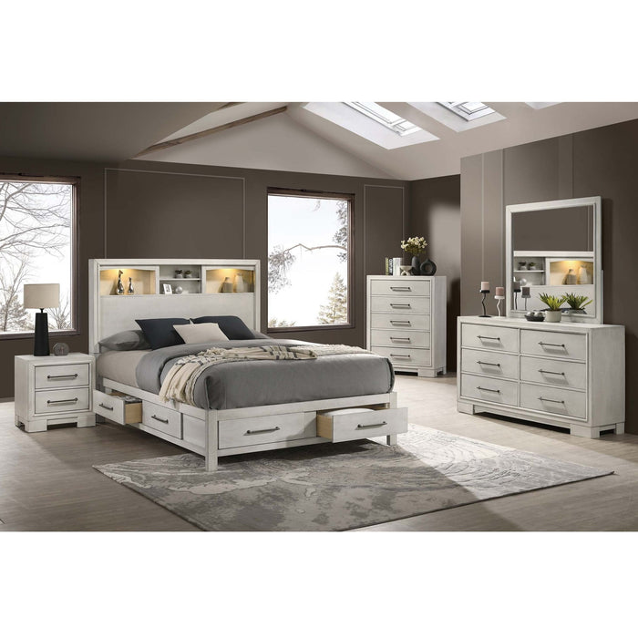 Bed Set With Storage Drawers, Open Shelves, And Built In LED Lighting