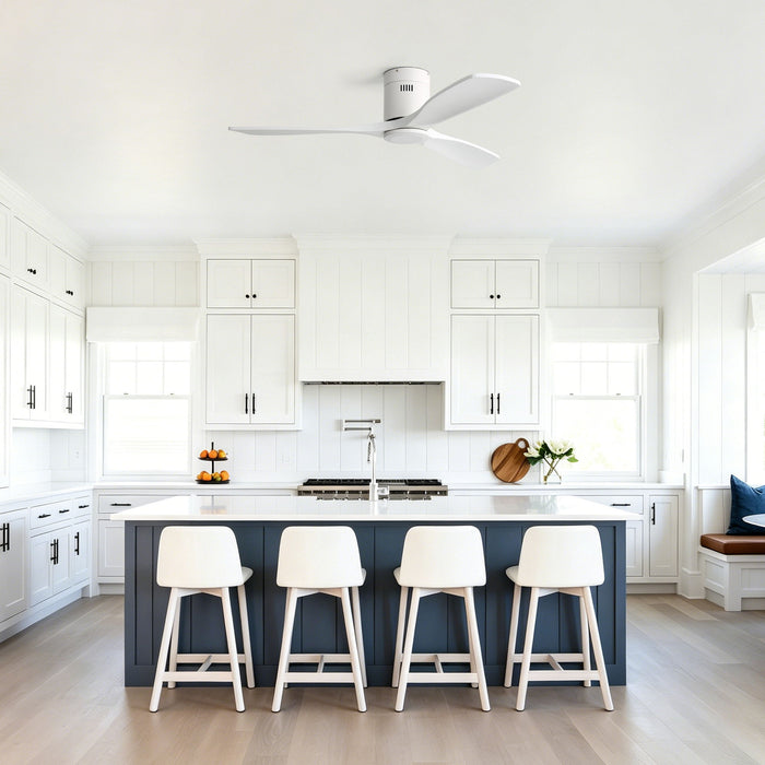 52" Flush Mount Ceiling Fan With Remote, No Light, 3 Blades, 6 Speed DC Motor For Indoor Patio - White