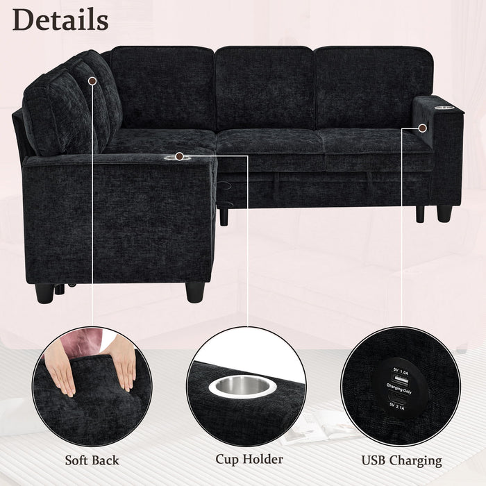 L-Shaped Sofa With Pull Out Sofa Bed With USB