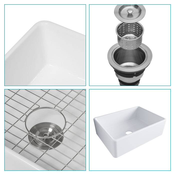 Elegant Farmhouse Apron Front Ceramic Single Bowl, Kitchen Basin