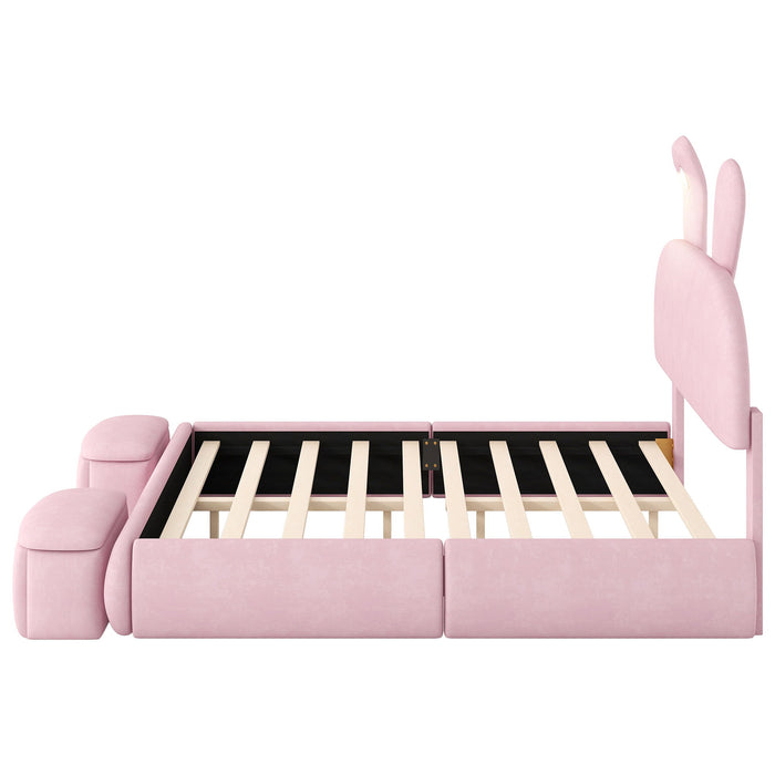 Full Upholstered Platform Bed With Cartoon Ears Headboard And LED Light - Pink