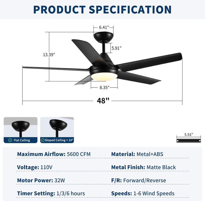 Ceiling Fan With Lights And Remote Control, Reversible DC Motor, 6 Speeds, 3 Cct Dimmable LED, Quiet Timer For Indoor - Black