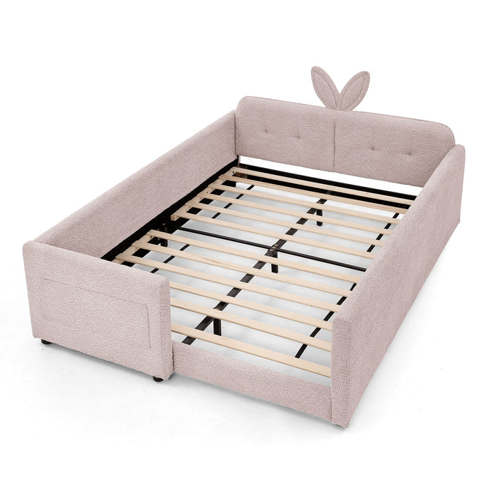 Cute Rabbit Ear Upholstered Platform Bed Frame With Safety Rail
