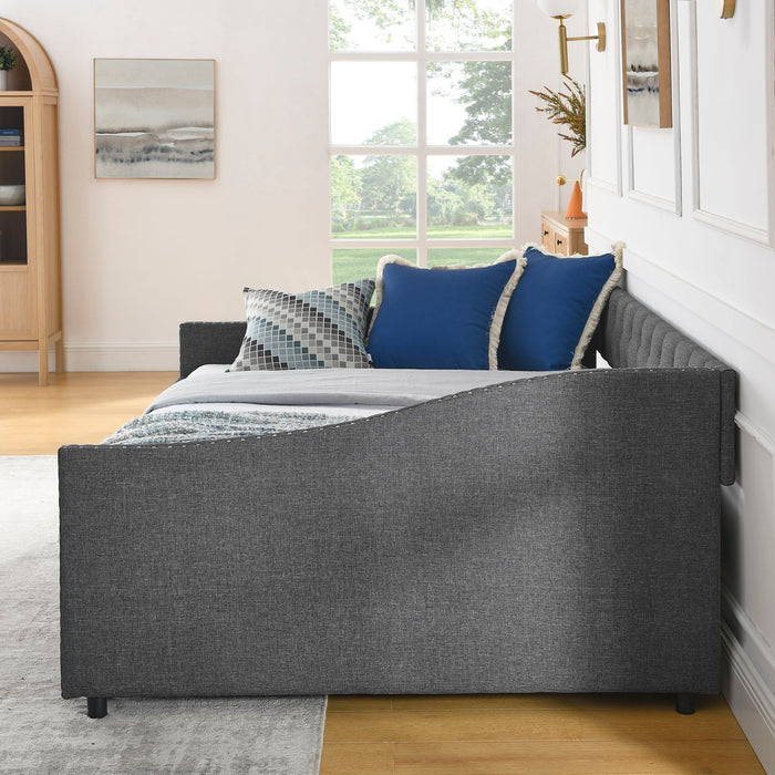 Upholstered Tufted Daybed With Drawers, Waved Arms