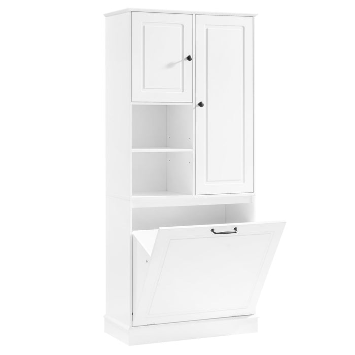 Modern Tall Storage Cabinet With Adjustable Shelves, Flip-Out Basket & Enclosed Doors