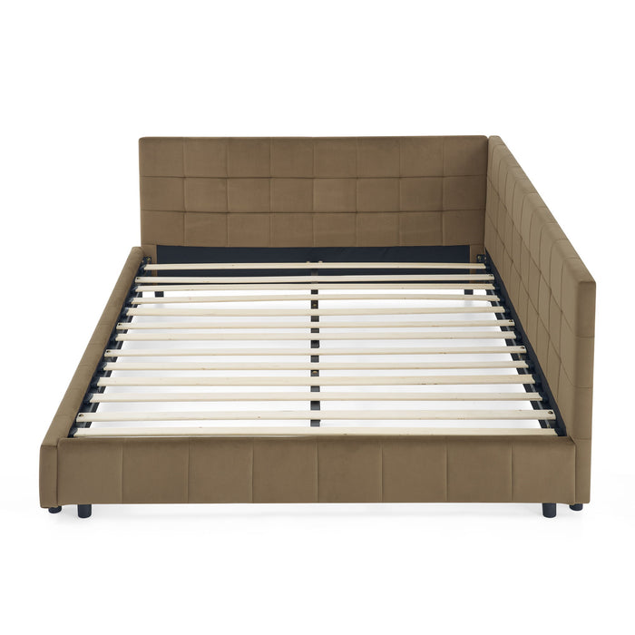 Mid-Century Storage Upholstered Tufted Bed Frame With Backrest And Armrests