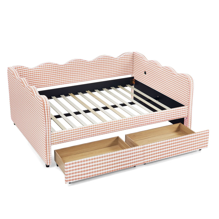 Gingham Daybed With USB Charging Port, Wave-Shaped Design