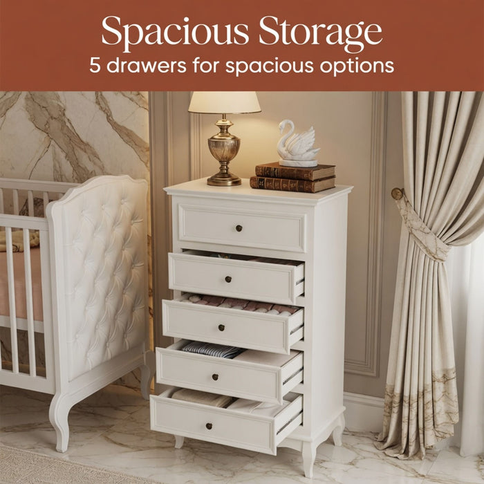 5 Drawer Tall Wide Chest Of Drawers - White