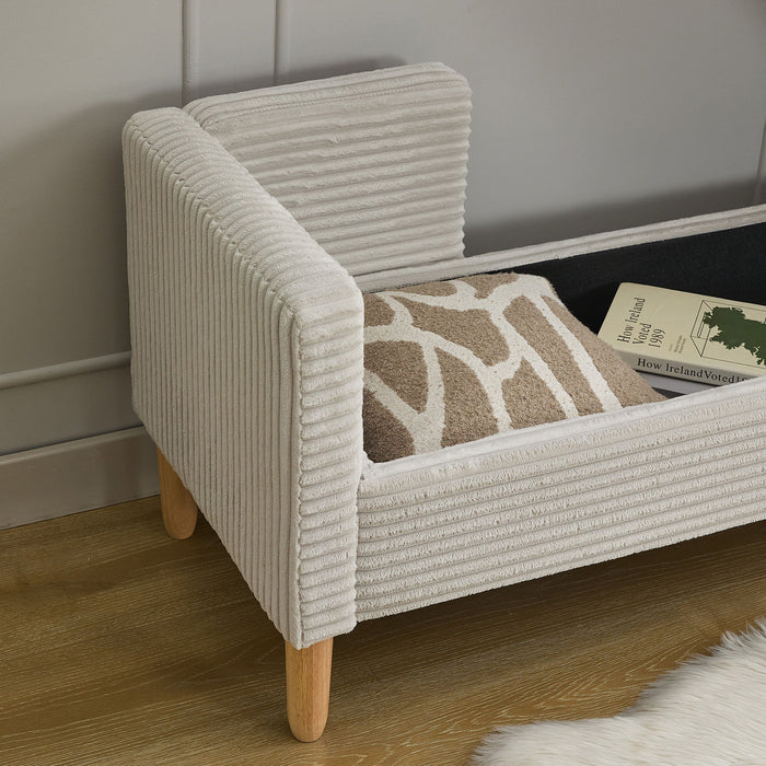 Wide Corduroy Storage Soft Bench With Armrests, Backrest And Two Bolster Pillows