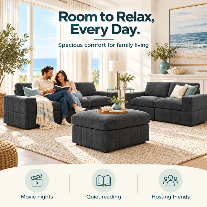 Oversized Modular Sectional Sofa Set With Loveseat & Ottoman, 6 Piece Living Room Furniture - Dark Gray