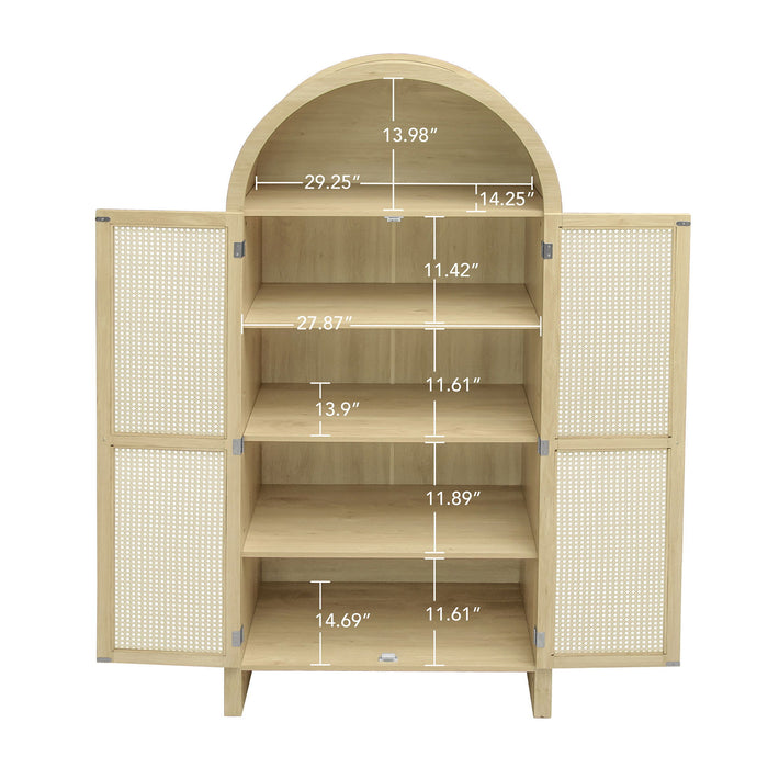 Tall Arched Kitchen Pantry, Arched Storage Display Cabinet With 2 Drawers & Adjustable Shelves, Rattan Door Versatile Storage Cabinet For Kitchen, Dining Room - Natural