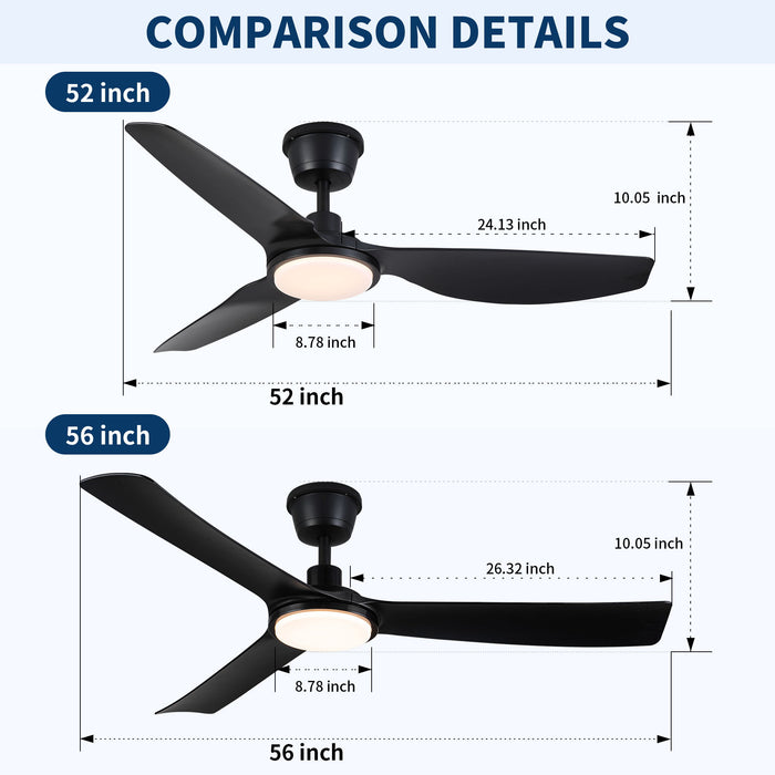 Outdoor Waterproof Ceiling Fan With Light And Quiet DC Motor, Blades For Bedroom - Black