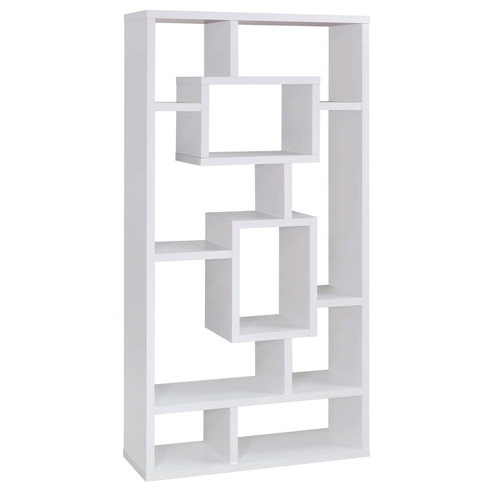 Geometric 10 Shelf Open Back Bookcase With Interlocking Shelves - White
