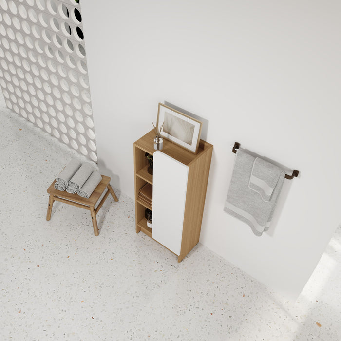 Freestanding Bathroom Side Cabinet, Narrow Storage Cabinet With Single Door & 3 Tier Open Shelves - Black / Light Oak / White