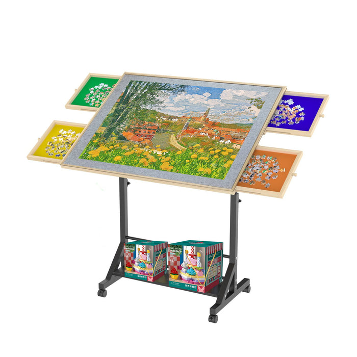 360 Degree Tilting Wooden Puzzle Table With 1500 Pieces, Rolling Design With Adjustable Height, Drawer, And Protective Cover - Black / Natural Wood