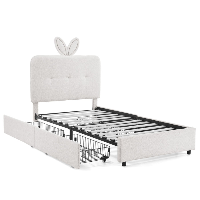 Upholstered Bed With Oversized Rabbit Ear Headboard, LED Lights & 4 Storage Drawers