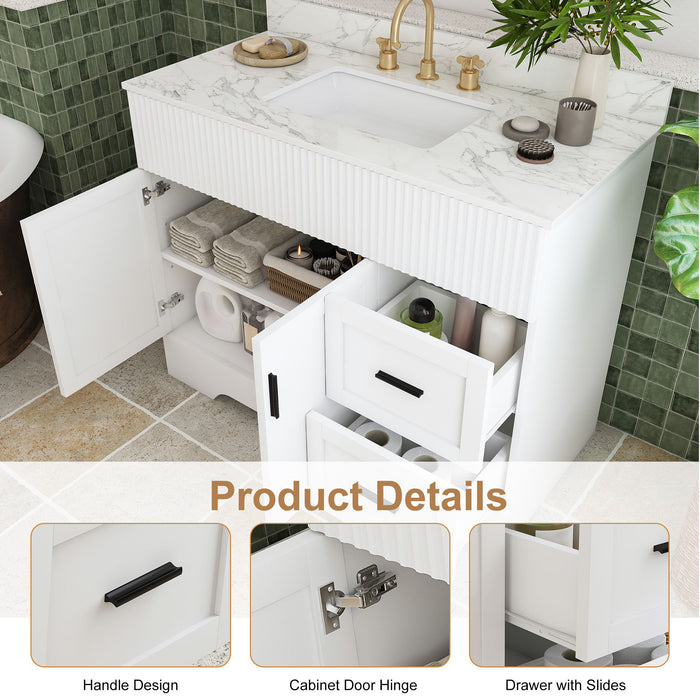 Bathroom Vanity Set, Fluted Cabinet, Soft Close Doors, 3 Faucet Holes, Sink Included - White