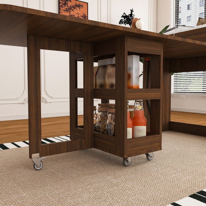 Extendable Dining Table With Power Socket, Lockable Casters, Storage Cabinet, Pull Out Kitchen Island - Natural Walnut