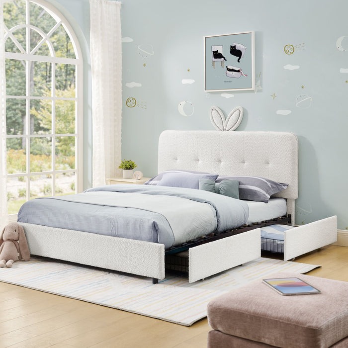 Upholstered Bed With Oversized Rabbit Ear Headboard, LED Lights & 4 Storage Drawers