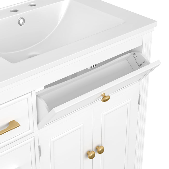 Modern Bathroom Vanity With Ceramic Sink, Freestanding, One Tip Out Drawer, 3 Side Drawers, Adjustable Shelf