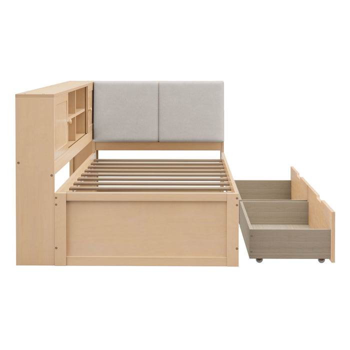 Twin L - Shaped Daybed With Storage Bookcase, Upholstered Headboard, USB Charging Ports & Hidden Drawers - Natural