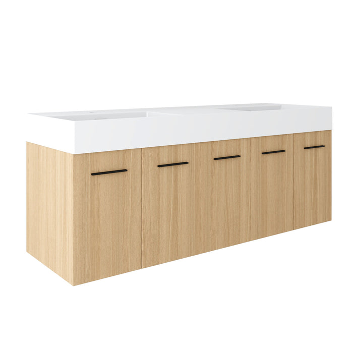 Floating Double Sink Bathroom Vanity With Extra Large Storage, Integrated Sink, Soft Close Doors, Wall Mounted Bath Vanity - Glossy White / Light Oak