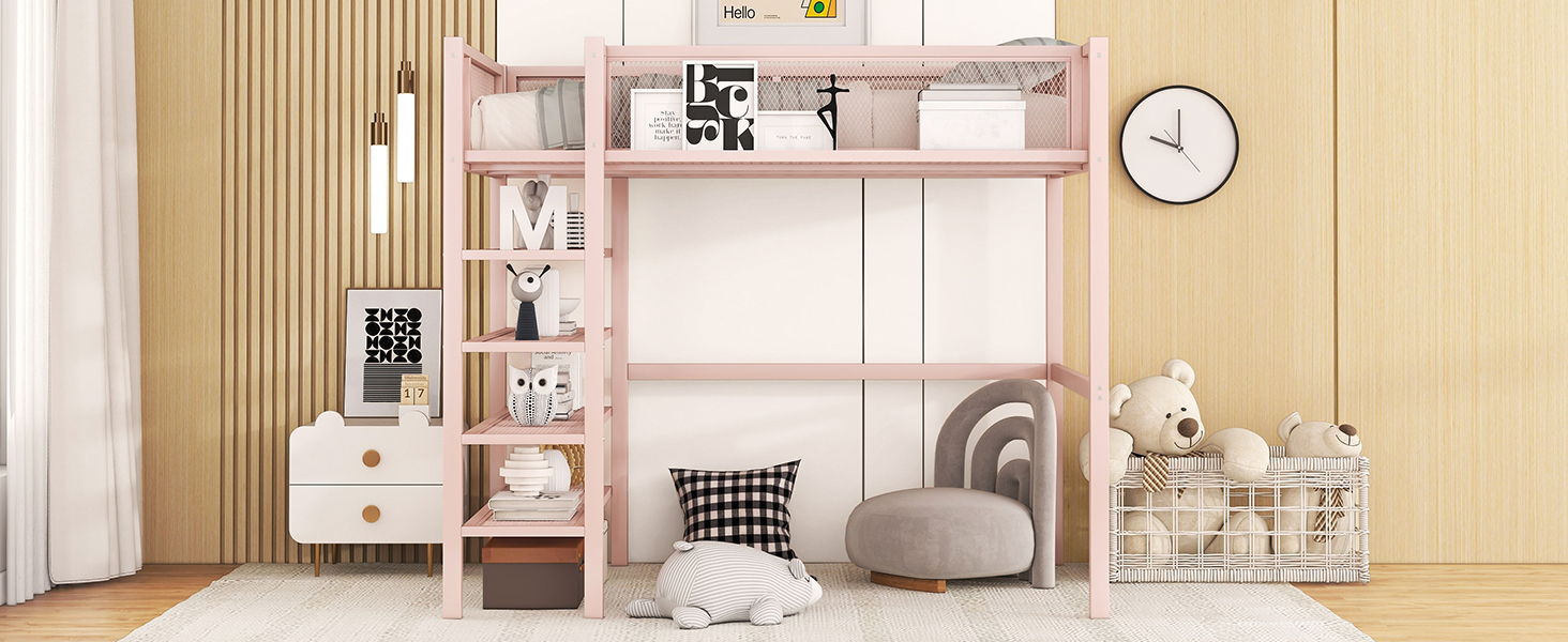 Loft Bed With 4 Tier Shelves And Storage