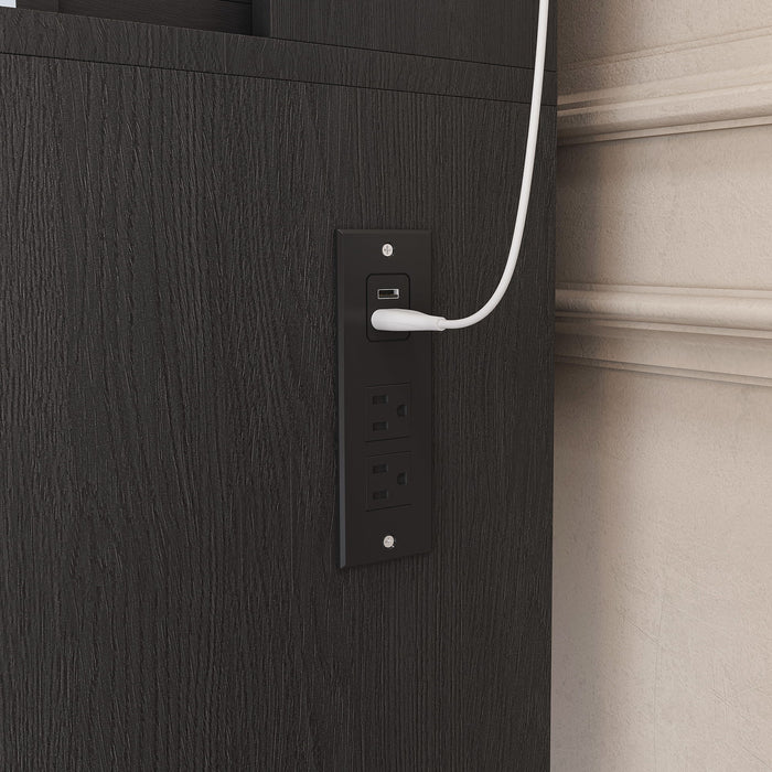 Vanity Table With Mirror, Adjustable LED Lights, Power Outlet, Hairdryer Holder & Stool