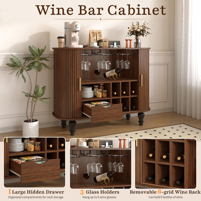 Fluted Liquor & Coffee Bar Cabinet With 6 Wine Racks And 3 Glass Holders