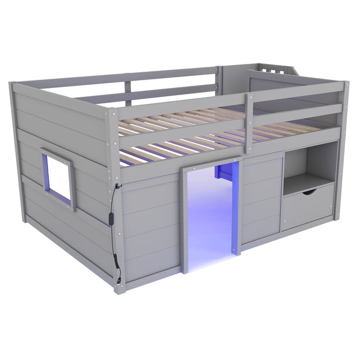 Low Loft Bed Frame With Built In Stairs, Storage Drawer, Shelf And 7 Color LED Light