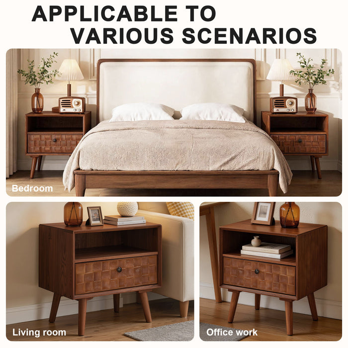 Nightstand With Carved Geometric Drawer Front, 1 Drawer And Open Shelf